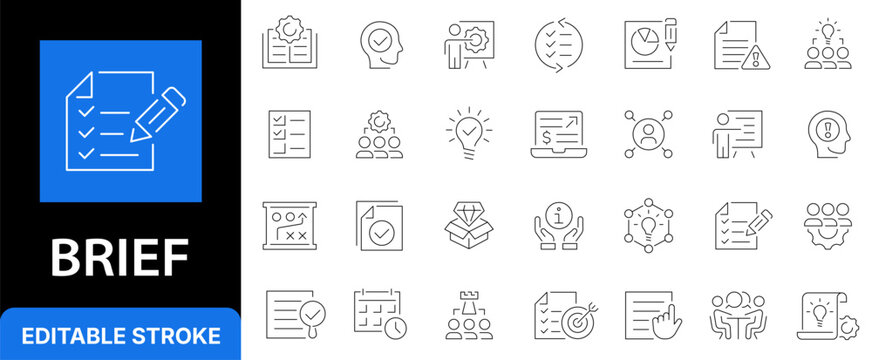 Business brief and project management line icon set. Task checklist, strategic planning, corporate teamwork and marketing contract outline symbols. Editable stroke.