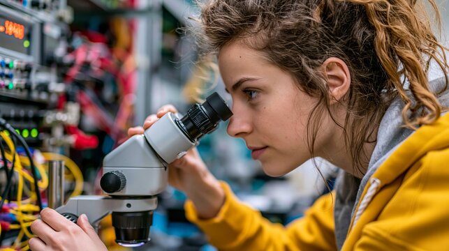 Focused female scientist intently examines a microscopic sample with a laboratory microscope in a modern research setting