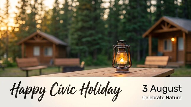 Rustic cabin campground setting featuring a glowing vintage lantern on a wooden table during a peaceful summer sunset