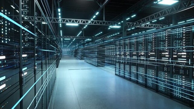 CGI of a data center with dark corridors lined with glowing server racks and blue LEDs. Ideal for technology, AI, cybersecurity, and business content. Rendered in Unreal Engine.