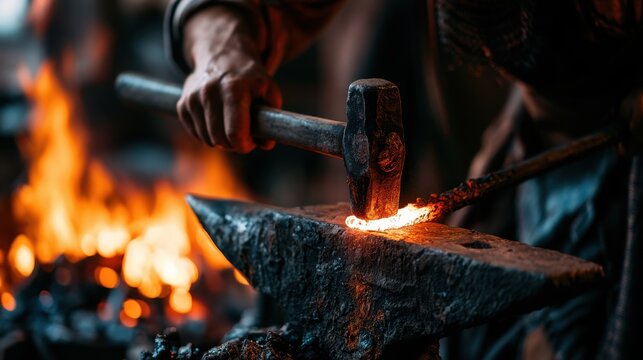 Skilled blacksmith forging hot metal rod using hammer on anvil with intense flames glowing in background in traditional workshop environment