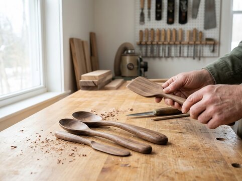 Craftsman carving handmade wooden kitchen utensils in workshop
