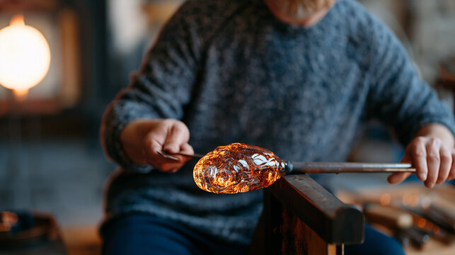 Scottish glassblower rotating a glowing molten gather on a blowpipe, studio illuminated only by the furnace's intense radiance, the close-up capturing fire-warmed hands shaping