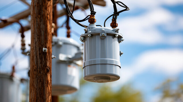 New single phase pole mounted distribution transformers on a wooden utility pole crisp gray cylinders and cables against a bright sky pole mounted transformer distribution