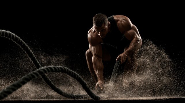Muscular man training with battle rope in dark gym environment showing strength endurance power and intense fitness workout effort with dynamic energy and sweat particles