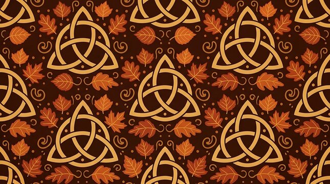 Celtic triquetra knot pattern with autumn leaves on dark background