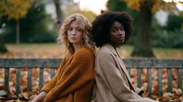 Friendship breakup aftermath shown as two young women sitting back-to-back on a park bench surrounded by fallen autumn leaves, not speaking, the physical closeness and emotional