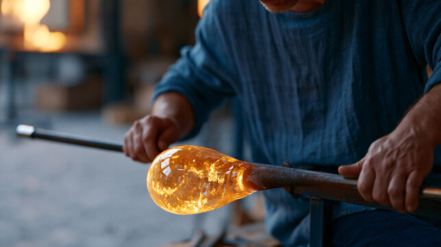 Scottish glassblower rotating a glowing molten gather on a blowpipe, studio illuminated only by the furnace's intense radiance, the close-up capturing fire-warmed hands shaping