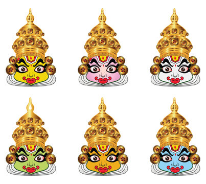 Kathakali Face Mask Vector Set Kerala Culture Onam Character Collection