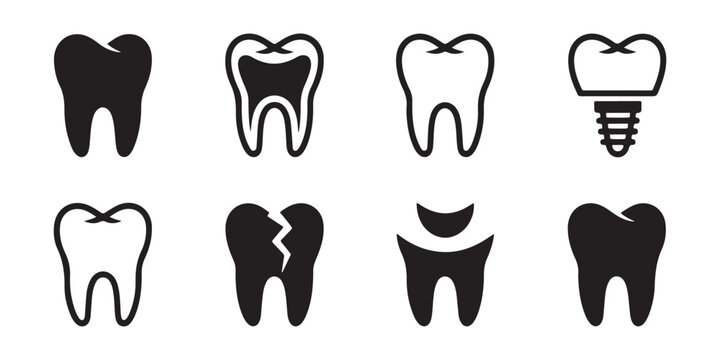Dental icons set showing various teeth conditions and treatments for professional medical services.
