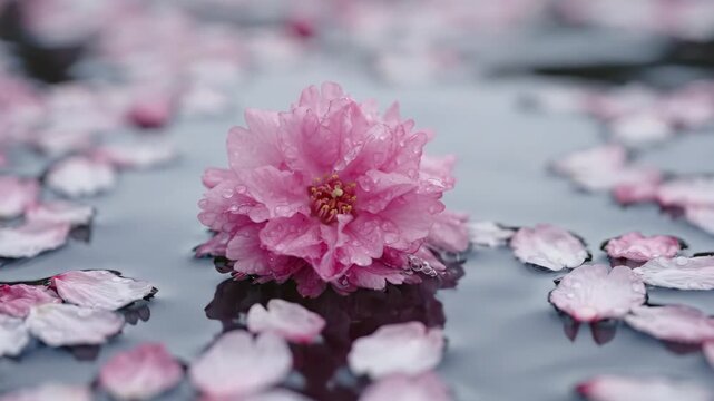 Pink cherry blossom flower floating on water surface with scattered petals for nature and zen content