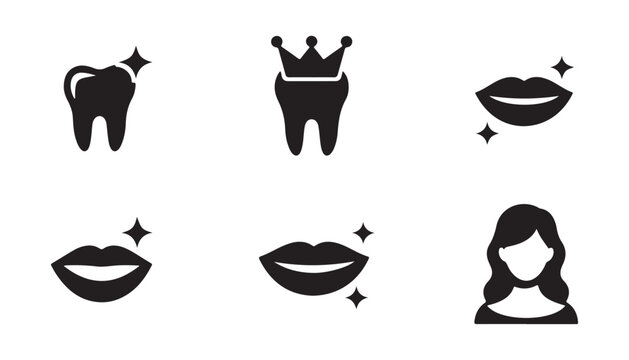 Cosmetic dentistry and beauty icons featuring teeth whitening smile makeover and facial portrait.
