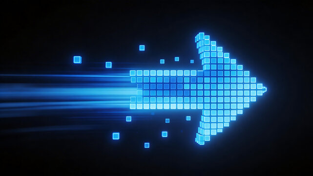 Blue pixelated arrow on dark background