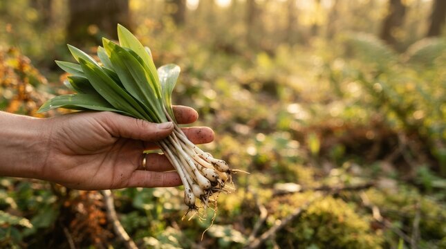 Hand holding freshly harvested wild ramps in forest, spring foraging for edible wild leeks, sustainable gathering of organic woodland greens