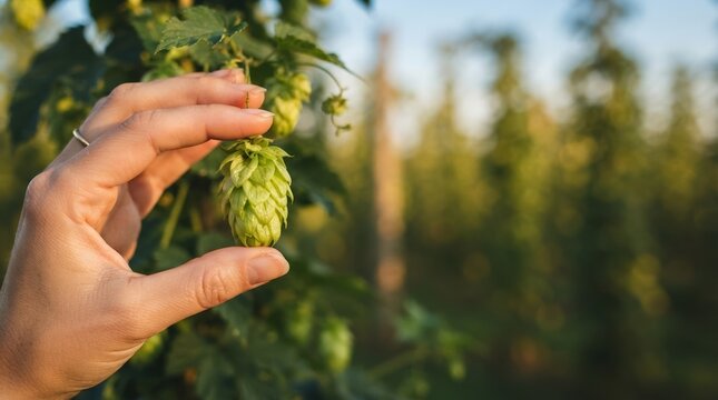 Close up of a female hand holding a fresh green hop cone in a sunny hop field for craft beer brewing production