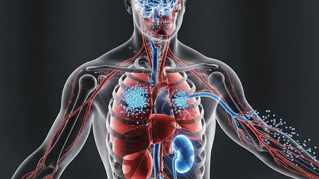 Detailed Anatomical Illustration of Human Circulatory and Respiratory Systems Showcasing Veins, Arteries, and Organs on Dark Background for Medical and Educational Use