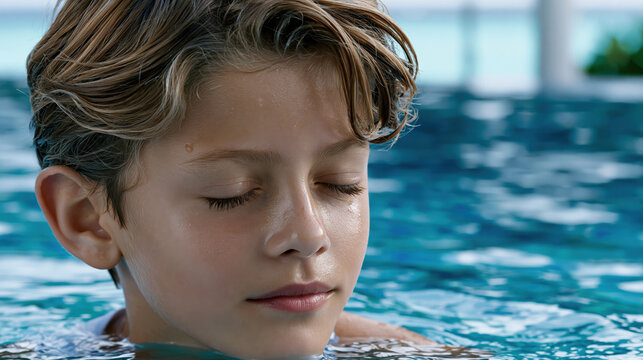 Young boy closed eyes swimming pool calm face peaceful child wet hair blue water outdoor resort summer day relaxing moment serene young boy with closed eyes floating swimming pool, peaceful child