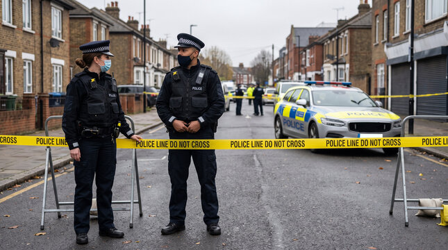 British police officers in uniform wearing protective face masks stand guard behind a bright yellow barrier tape on a residential street during a police investigation scene