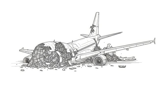 A detailed black and white sketch depicts a severely damaged airplane fuselage resting on a rocky terrain. The aircraft is broken apart, with significant structural damage visible.