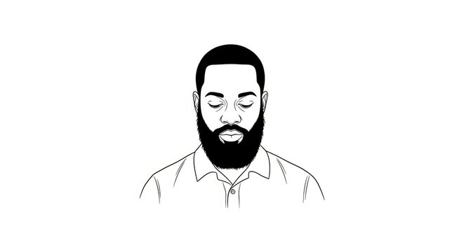 A black and white line drawing depicts a man with a beard. He has closed eyes and a contemplative expression.