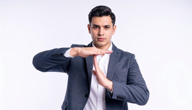 A serious young businessman using his hands to make a strict timeout sign, indicating a necessary break, isolated on white.