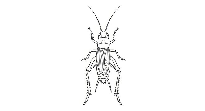 A grasshopper is depicted in a detailed black and white line drawing. The insect is centered on a plain white background.