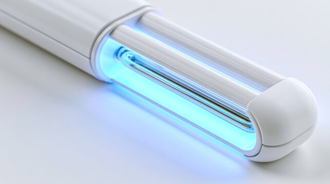 UV-C germicidal lamp glowing blue for disinfection technology.