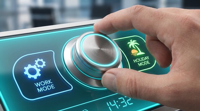 Hand switching from work mode to holiday mode on a digital control panel dial for the ideal work life balance concept