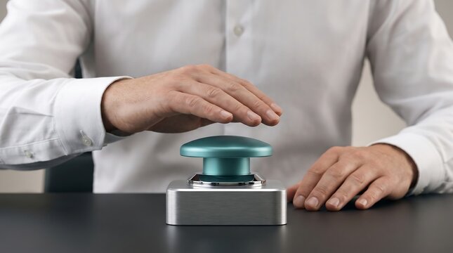 Businessman Hands Reaching To Press Large Teal Emergency Start Button Realistic Style For Business Website Concept