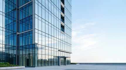 Obraz premium A modern glass office building reflects the blue sky and clouds. The building features a sleek, reflective facade with numerous windows.