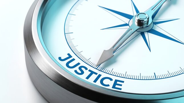 Compass Needle Pointing Towards Justice Word Conceptual 3D Render For Legal Ethics Law And Moral Guidance Background