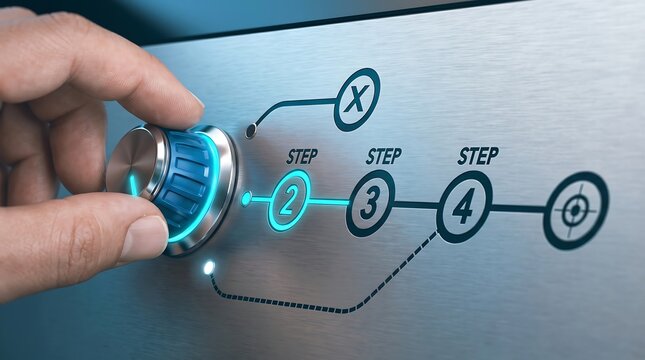 Hand Turning Glowing Dial Knob Adjusting Step By Step Business Process Workflow Strategy Optimization Management Banner
