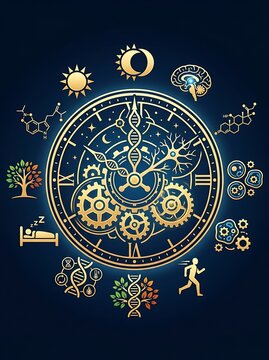 Golden biological clock showing circadian rhythm and health icons