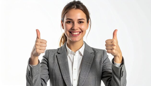 A cheerful professional businesswoman in a blazer smiling broadly while showing two thumbs up approval signs, isolated on white.