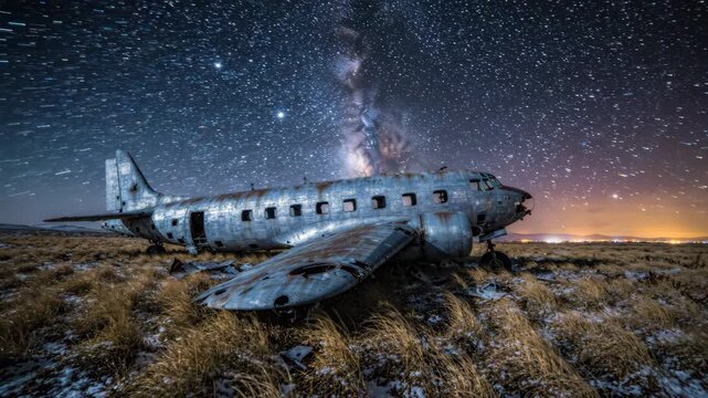Abandoned airplane wreck resting under starry milky way night sky for travel and history content