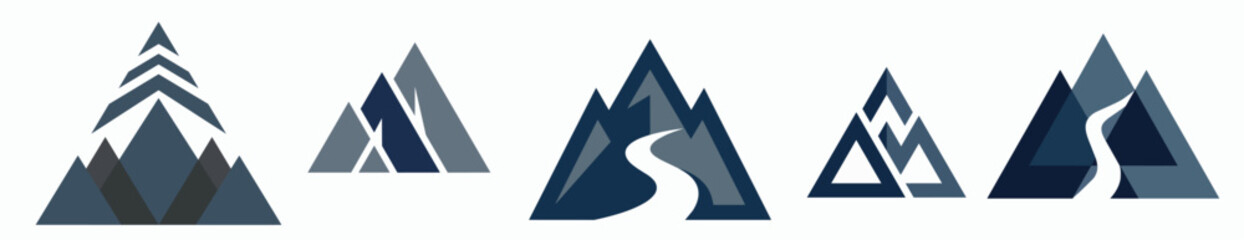 Obraz premium Set of Five Modern Minimalist Mountain Peak Logo Designs Featuring Geometric Shapes and Flowing River Elements for Outdoor Brands