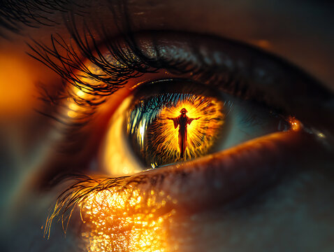 The man's eyes reflect the face of Jesus, using chiaroscuro lighting, a dark background with a soft divine glow emanating from the reflection in the eyes.