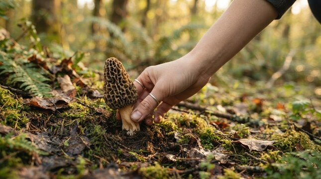 Hand picking a wild morel mushroom in a forest, foraging for edible fungi in spring, sustainable nature harvesting concept