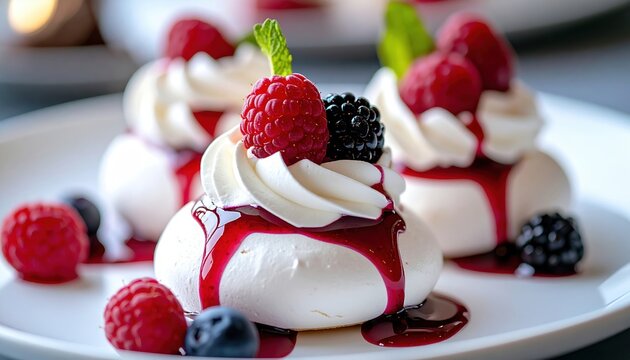Mini pavlova cakes topped with whipped cream, fresh berries and berry sauce, elegant dessert, food photography, detailed close-up.