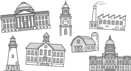 Obraz premium City and Town Building Architecture Line Icon Set with Government Capitol, School, Factory, Barn, Lighthouse, and Clock Tower