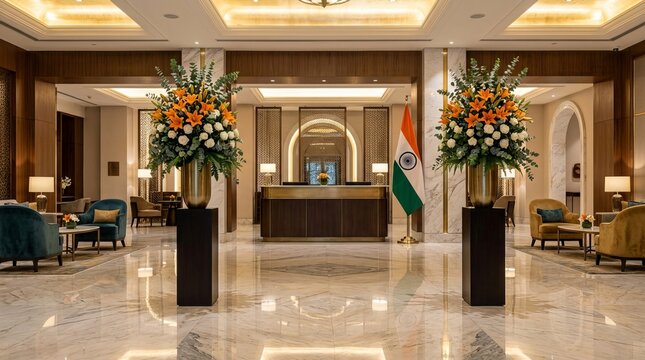 Elegant hotel lobby with a reception desk, luxurious seating areas, and a large indian flag standing proudly next to floral arrangements.