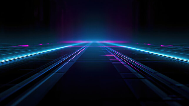 Futuristic neon racing track background with glowing blue and magenta light lines on dark cyberpunk grid, abstract speed path for game design and technology theme