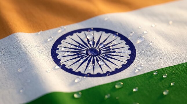 Close up shot of india flag with water droplets on fabric, national symbol, republic day, independence day celebration, patriotism, democracy, proud indian, tricolor.