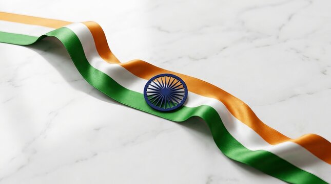 Elegant indian national flag satin ribbon featuring ashoka chakra motif displayed gracefully on polished white marble background for commemorative national holiday creative concept.