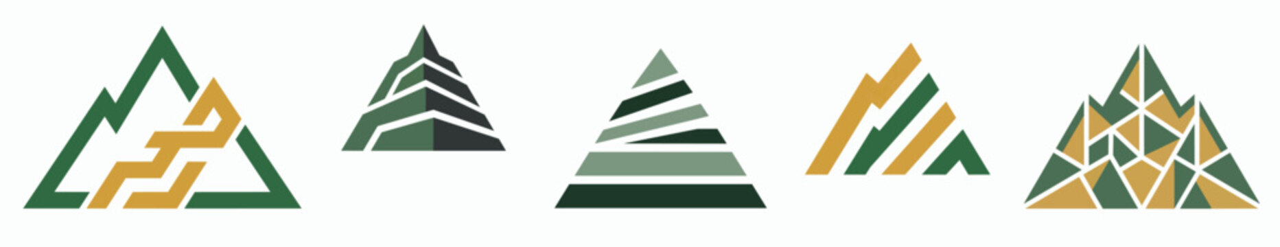 Set of minimalist geometric mountain logo icons in green and gold colors for nature and adventure branding