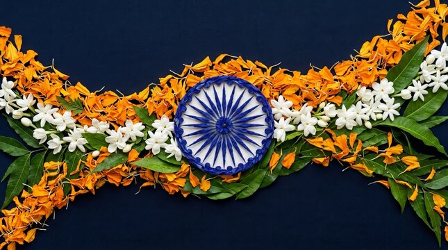 Indian national symbol Ashoka Chakra decorated with marigold petals jasmine flowers green leaves on dark blue background festive arrangement.