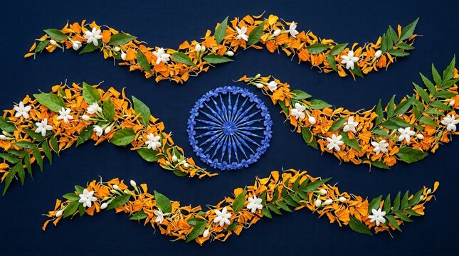 Floral arrangement forming Indian flag design with marigold petals jasmine flowers and blue wheel element flat lay artistic celebration concept background on deep navy blue texture.