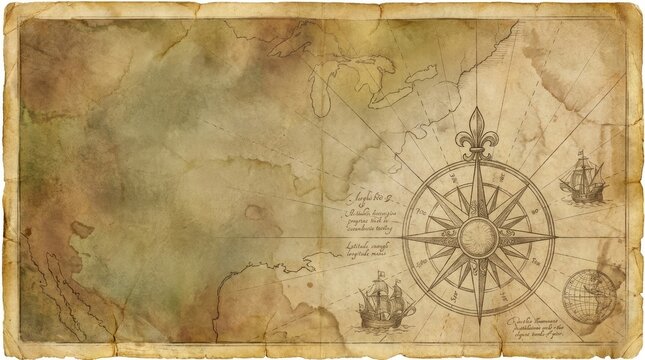 An aged, parchment-like map depicts a portion of the world, overlaid with nautical elements.