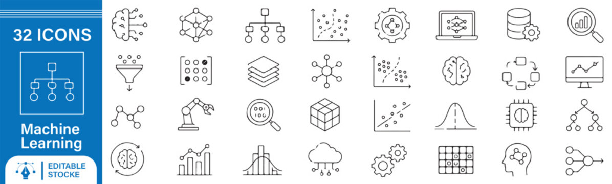 32 Machine Learning Vector Outline Icons Set &ndash; Artificial Intelligence, Neural Network, Data Analytics and Predictive Model Line Symbols Collection