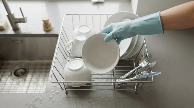 Person Wearing Blue Rubber Glove Placing Clean White Bowl Into Dish Drying Rack In Modern Kitchen Sink Area
